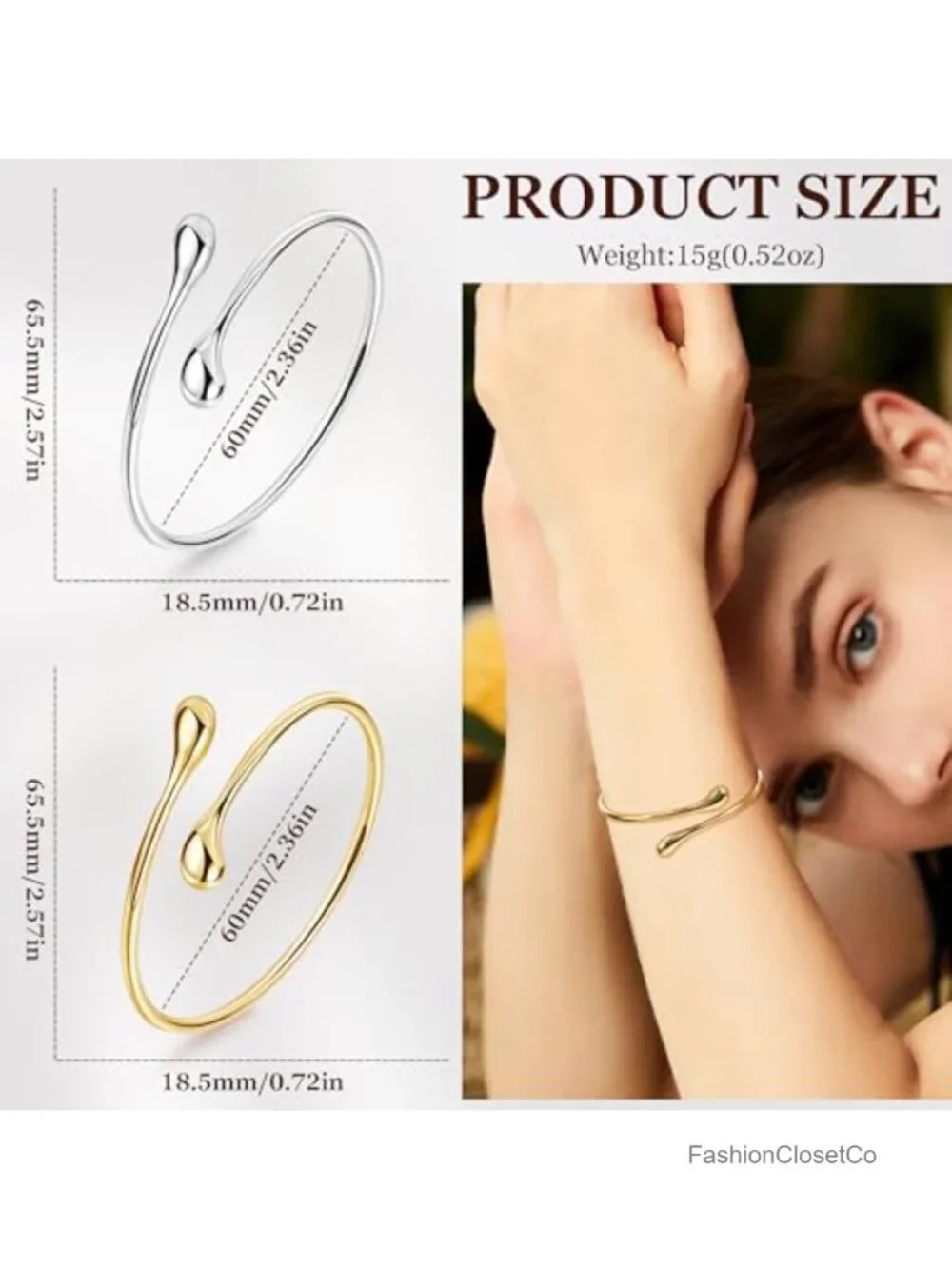 Teardrop Open Cuff Bracelet Adjustable Thin Bangle Hypoallergenic Metal